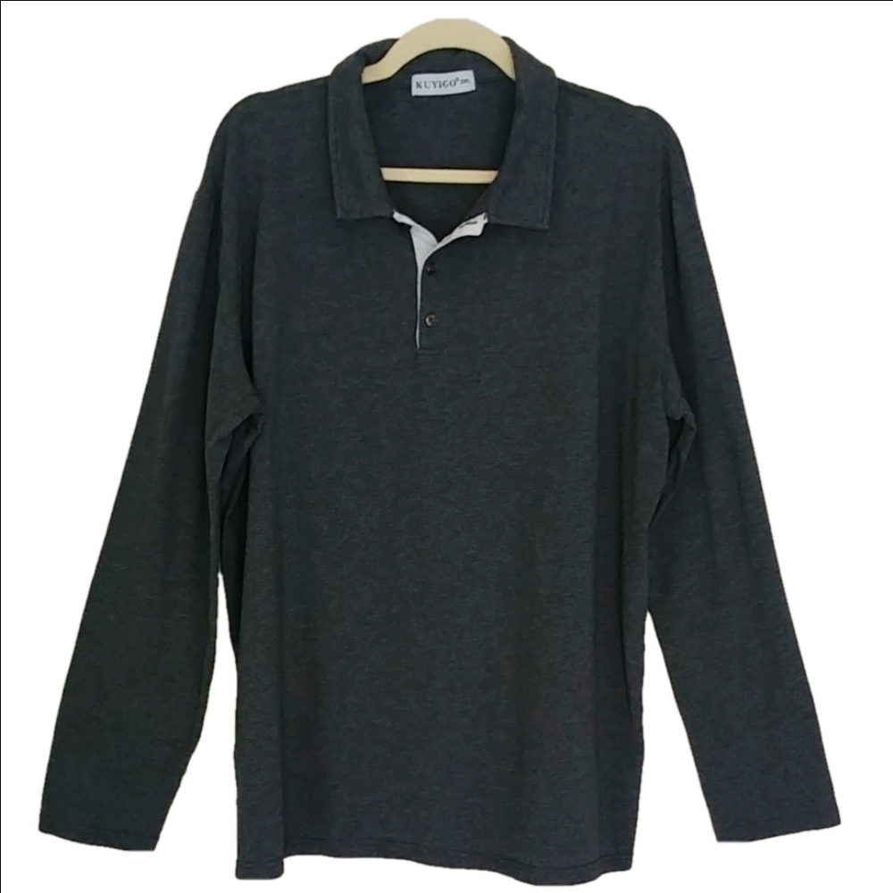 Kuyigo Gray Long Sleeve Shirt Lightweight 3 Button‎ Opening Size 2XL